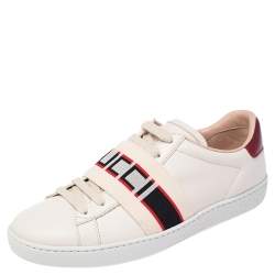 مملوكة مسبقًا حذاء رياض غوتشي ايس غوتشي مخطط منخفض من أعلى جلد كريمي مقاس 35.5