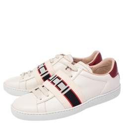 مملوكة مسبقًا حذاء رياض غوتشي ايس غوتشي مخطط منخفض من أعلى جلد كريمي مقاس 35.5