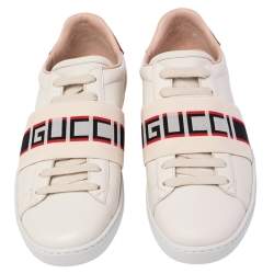 مملوكة مسبقًا حذاء رياض غوتشي ايس غوتشي مخطط منخفض من أعلى جلد كريمي مقاس 35.5