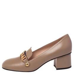 Pre Owned حذاء كعب عالي غوتشي كعب عريض مزخرف سلسلة سيلفي جلد بيج مقاس 39