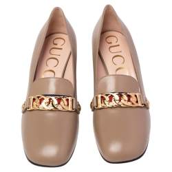 Pre Owned حذاء كعب عالي غوتشي كعب عريض مزخرف سلسلة سيلفي جلد بيج مقاس 39