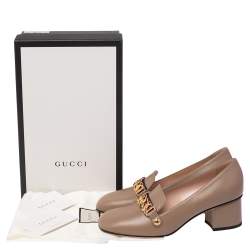 Pre Owned حذاء كعب عالي غوتشي كعب عريض مزخرف سلسلة سيلفي جلد بيج مقاس 39