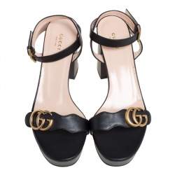 مملوكة مسبقًا Gucci Black Leather GG Marmont Block Heel Ankle Strap Platform Sandals Size 40