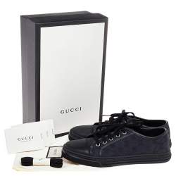 Pre Owned Gucci Black/Navy Blue Leather And GG Canvas Low Top Sneakers Size 37
