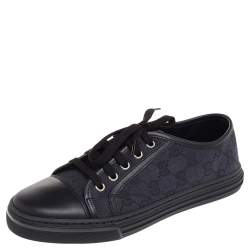 Pre Owned Gucci Black/Navy Blue Leather And GG Canvas Low Top Sneakers Size 37