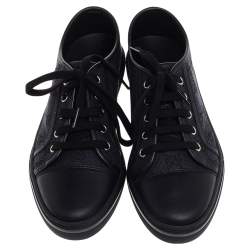Pre Owned Gucci Black/Navy Blue Leather And GG Canvas Low Top Sneakers Size 37