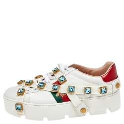 Pre Owned حذاء رياضي غوتشي أيس جلد وكانفاس أبيض مزخرف كريستال نحلة مقاس 37 