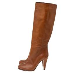 Pre Owned حذاء بوت غوتشي أليزابيث جلد بني فاتح بطول الركبة مقاس 39