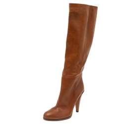 Pre Owned حذاء بوت غوتشي أليزابيث جلد بني فاتح بطول الركبة مقاس 39