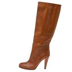 Pre Owned حذاء بوت غوتشي أليزابيث جلد بني فاتح بطول الركبة مقاس 39