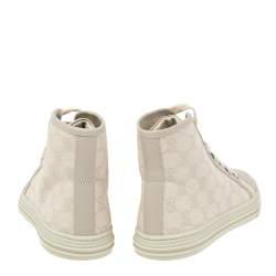 Pre Owned Gucci Cream GG Canvas and Leather Lace Up High Top Sneakers Size 37.5