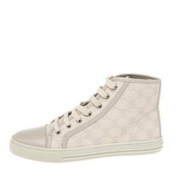 Pre Owned Gucci Cream GG Canvas and Leather Lace Up High Top Sneakers Size 37.5