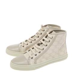 Pre Owned Gucci Cream GG Canvas and Leather Lace Up High Top Sneakers Size 37.5