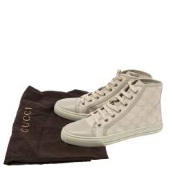 Pre Owned Gucci Cream GG Canvas and Leather Lace Up High Top Sneakers Size 37.5