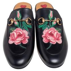 Pre Owned Gucci Black Floral Embroidered Leather Princetown Mules Size 38