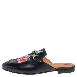 Pre Owned Gucci Black Floral Embroidered Leather Princetown Mules Size 38