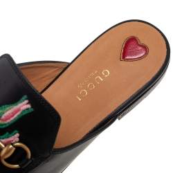 Pre Owned Gucci Black Floral Embroidered Leather Princetown Mules Size 38