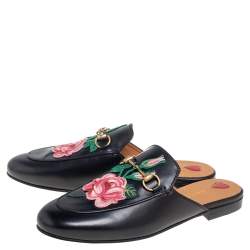Pre Owned Gucci Black Floral Embroidered Leather Princetown Mules Size 38