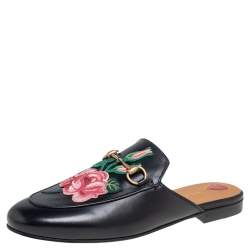 Pre Owned Gucci Black Floral Embroidered Leather Princetown Mules Size 38