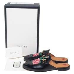 Pre Owned Gucci Black Floral Embroidered Leather Princetown Mules Size 38
