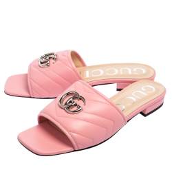 مملوكة مسبقًا صندل سلايد غوتشي فلات مارمونت جي جي جلد مبطن وردي مقاس 38