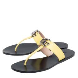Pre Owned Gucci Yellow Leather GG Marmont Thong Flat Sandals Size 37.5