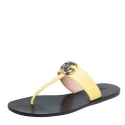 Pre Owned Gucci Yellow Leather GG Marmont Thong Flat Sandals Size 37.5