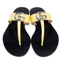 Pre Owned Gucci Yellow Leather GG Marmont Thong Flat Sandals Size 37.5
