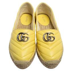 Pre Owned Gucci Yellow Matelassé Leather GG Marmont Espadrille Flats Size 37.5