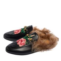 Pre Owned حذاء سلايد غوتشي برينستاون جلد مطرز مورد و بطانة فرو أسود مقاس 39