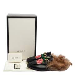 Pre Owned حذاء سلايد غوتشي برينستاون جلد مطرز مورد و بطانة فرو أسود مقاس 39