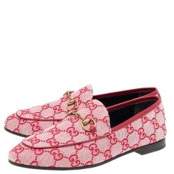 Pre Owned Gucci Red GG Canvas And Leather Horsebit Slip On Loafers Size 37