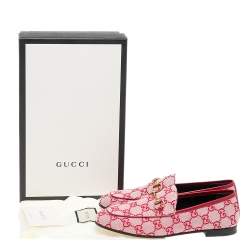 Pre Owned Gucci Red GG Canvas And Leather Horsebit Slip On Loafers Size 37