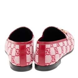 Pre Owned Gucci Red GG Canvas And Leather Horsebit Slip On Loafers Size 37