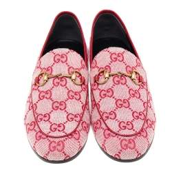 Pre Owned Gucci Red GG Canvas And Leather Horsebit Slip On Loafers Size 37