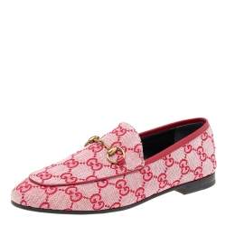Pre Owned Gucci Red GG Canvas And Leather Horsebit Slip On Loafers Size 37