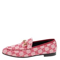 Pre Owned Gucci Red GG Canvas And Leather Horsebit Slip On Loafers Size 37