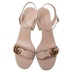 مملوكة مسبقًا Gucci Beige Leather GG Marmont Block Heel Ankle-Strap Sandals Size 38.5