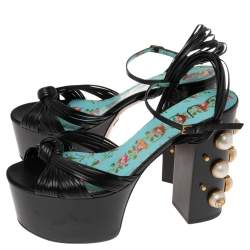 Pre Owned Gucci Black Leather Pearl & Stud Embellished Platform Sandals Size 39