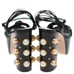 Pre Owned Gucci Black Leather Pearl & Stud Embellished Platform Sandals Size 39