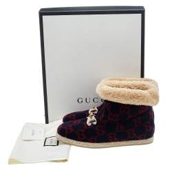 Pre Owned Gucci Blue/Red GG Wool Fria Ankle Length Boots Size 38.5