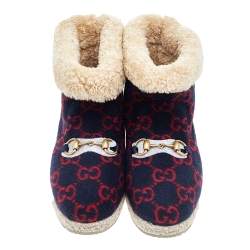 Pre Owned Gucci Blue/Red GG Wool Fria Ankle Length Boots Size 38.5