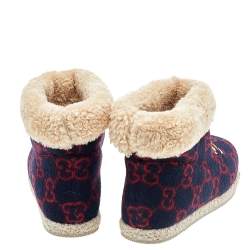 Pre Owned Gucci Blue/Red GG Wool Fria Ankle Length Boots Size 38.5