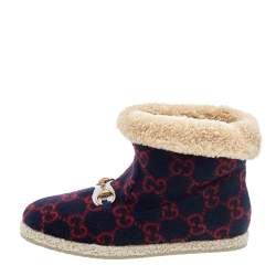 Pre Owned Gucci Blue/Red GG Wool Fria Ankle Length Boots Size 38.5