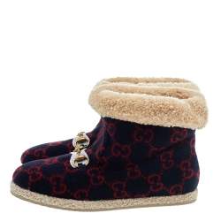 Pre Owned Gucci Blue/Red GG Wool Fria Ankle Length Boots Size 38.5