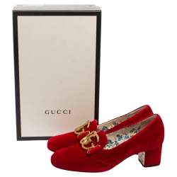 Pre Owned Gucci Red Velvet GG Marmont Victoire Block Heel Pumps Size 37.5