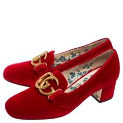 Pre Owned Gucci Red Velvet GG Marmont Victoire Block Heel Pumps Size 37.5