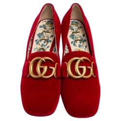 Pre Owned Gucci Red Velvet GG Marmont Victoire Block Heel Pumps Size 37.5