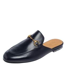 مملوكة مسبقًا Gucci Navy Blue Leather Princetown Mule Sandals Size 38.5