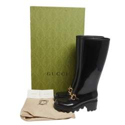 Pre Owned Gucci Black Rubber Horsebit Knee Length Boots Size 36